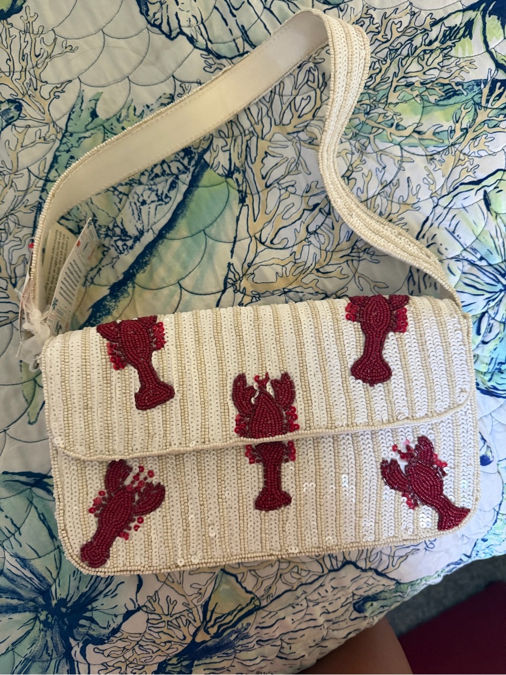 NWT Viral Cream Beaded Crossbody Bag with Red Lobster Embroidery